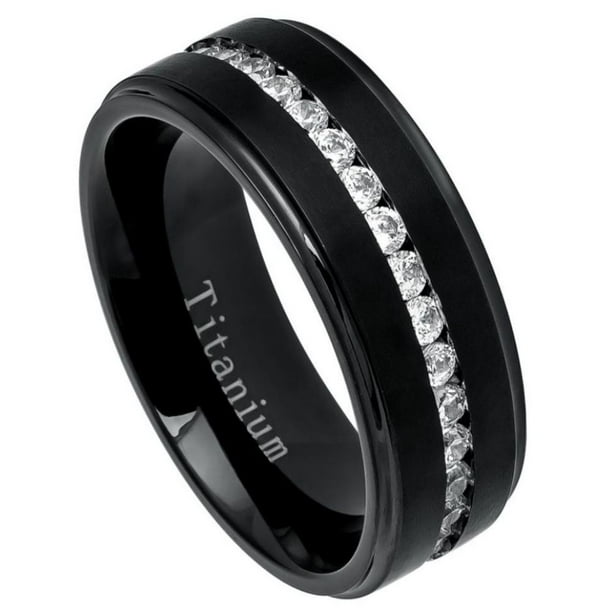 Engraved 8mm Titanium Men's Ring Black Brushed Center Wedding Band Ring 
